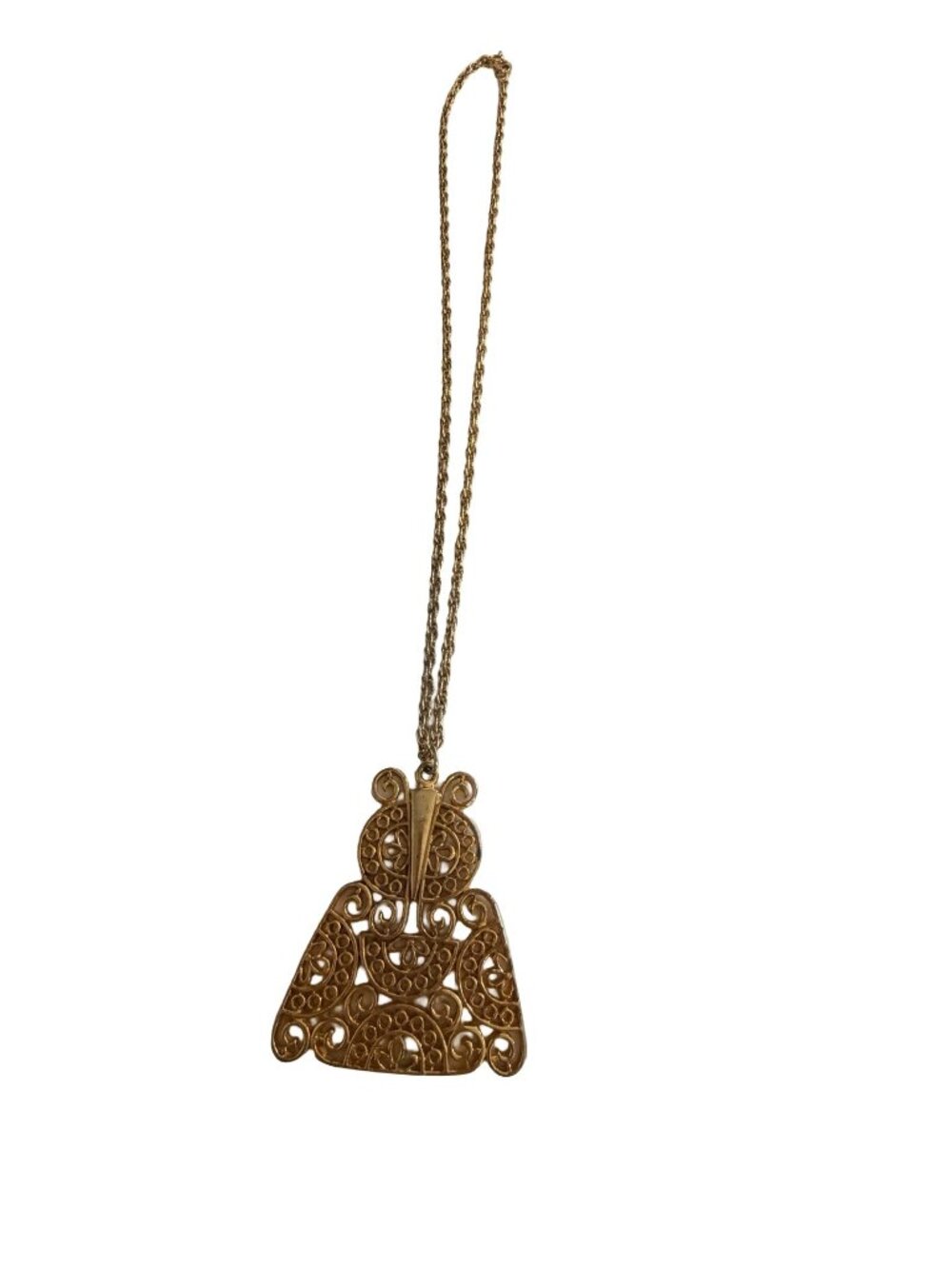 Vintage Gold Tone Filigree Owl Pendant Necklace Openwork Scroll Design 24"